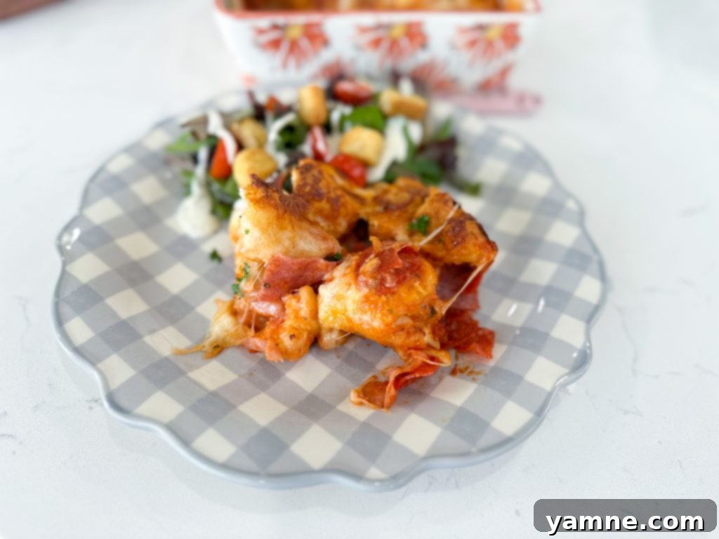 Freshly baked Italian Sub Casserole, golden and bubbly, ready to be served.