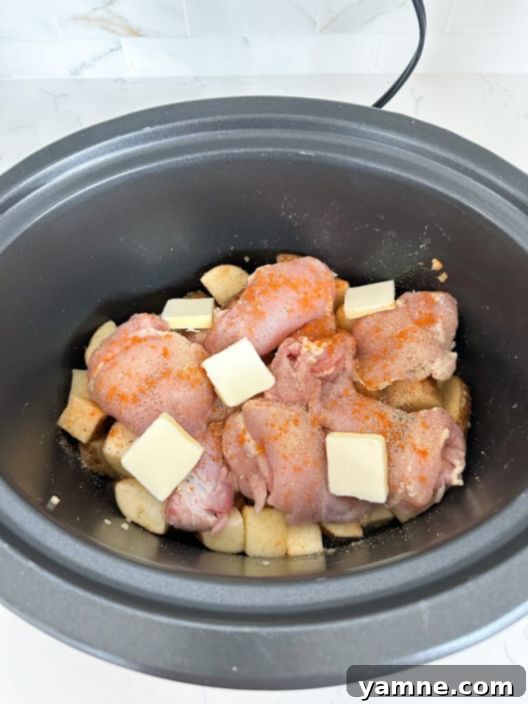 Golden Garlic Butter Chicken Thighs with Roasted Potatoes 3 Close-up of seasoned raw chicken thighs and potatoes ready for the slow cooker