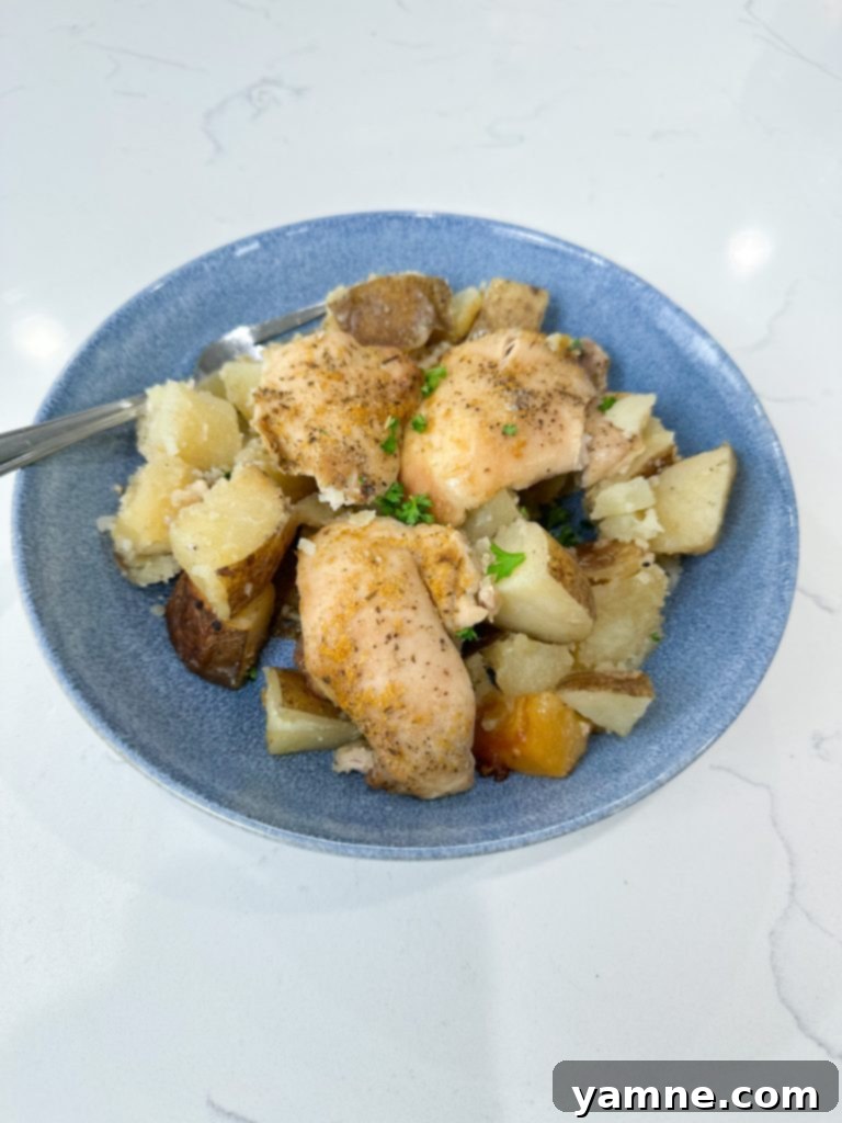 Golden Garlic Butter Chicken Thighs with Roasted Potatoes 4 Garlic Butter Chicken Thighs and Potatoes in a bowl with a fork, ready to eat