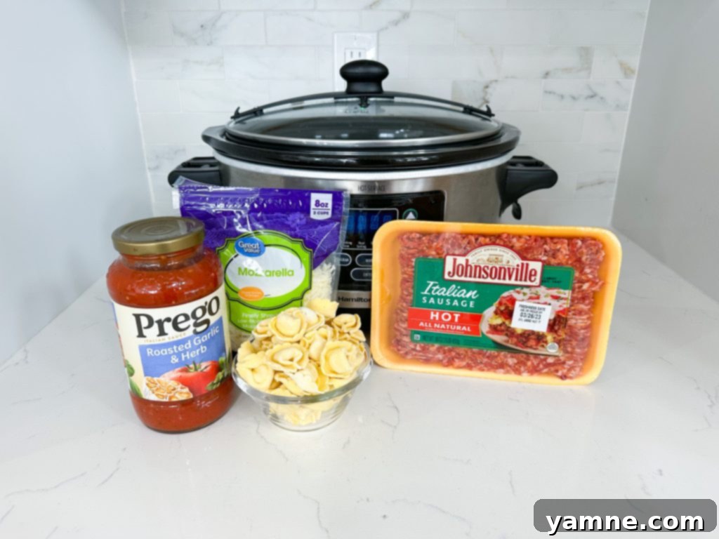 Effortless Slow Cooker Sausage Tortellini Lasagna 2 A delicious Slow Cooker Sausage Tortellini Lasagna in a slow cooker, topped with melted cheese and fresh parsley.