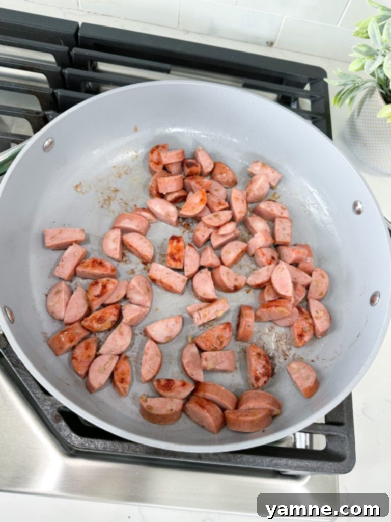 Slicing Chicken Sausage for Skillet Dinner