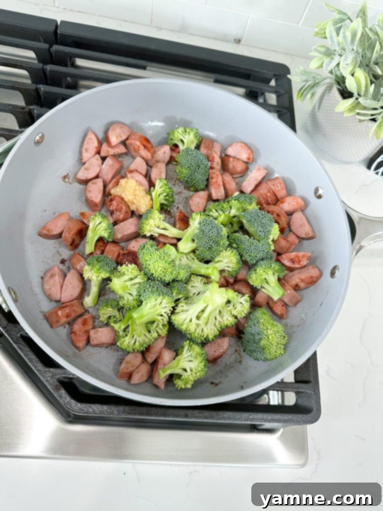 Sautéing Garlic and Broccoli for Orzo Skillet