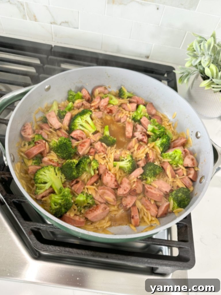 Adding Orzo and Broth to Skillet