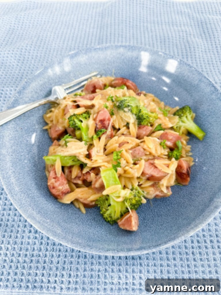 Finished Cheesy Chicken Sausage Orzo Skillet with Broccoli