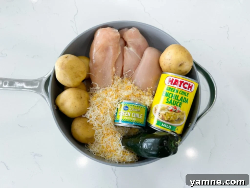 Delicious one-skillet green chile chicken and potatoes served in a pan