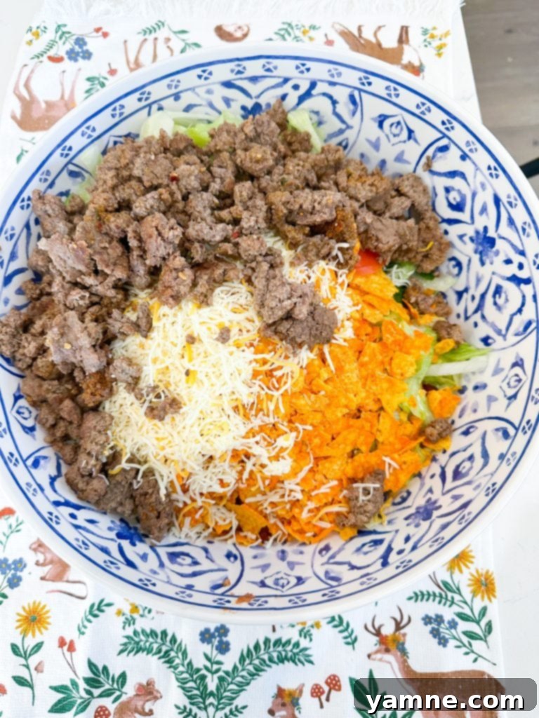Crunchy Doritos Taco Salad 3 Prepped ground beef for taco salad