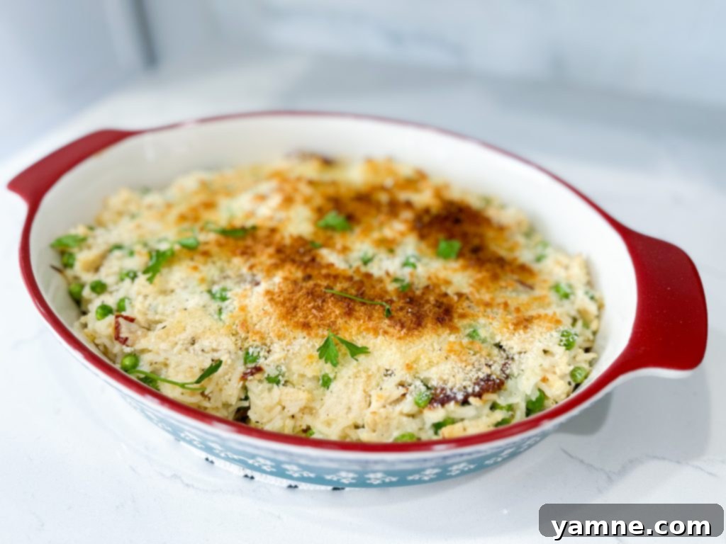 A serving of Chicken Alfredo Rice Casserole on a plate, showing the creamy interior and crispy topping.