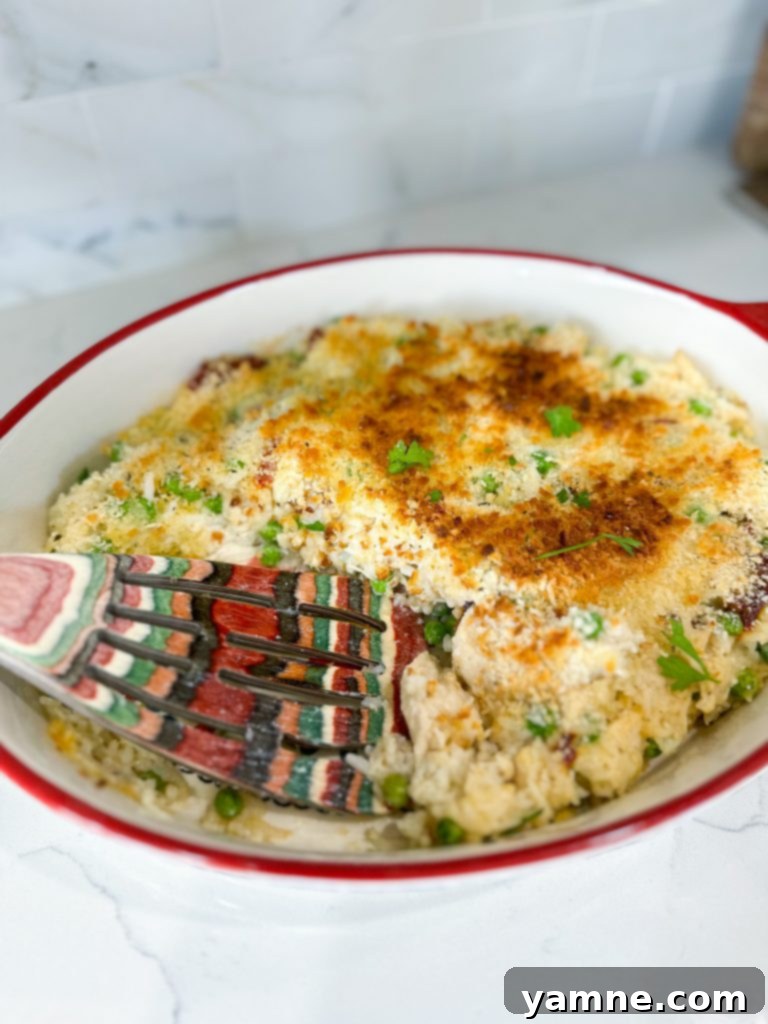 A close-up of the Chicken Alfredo Rice Casserole, ready to be served from the baking dish.