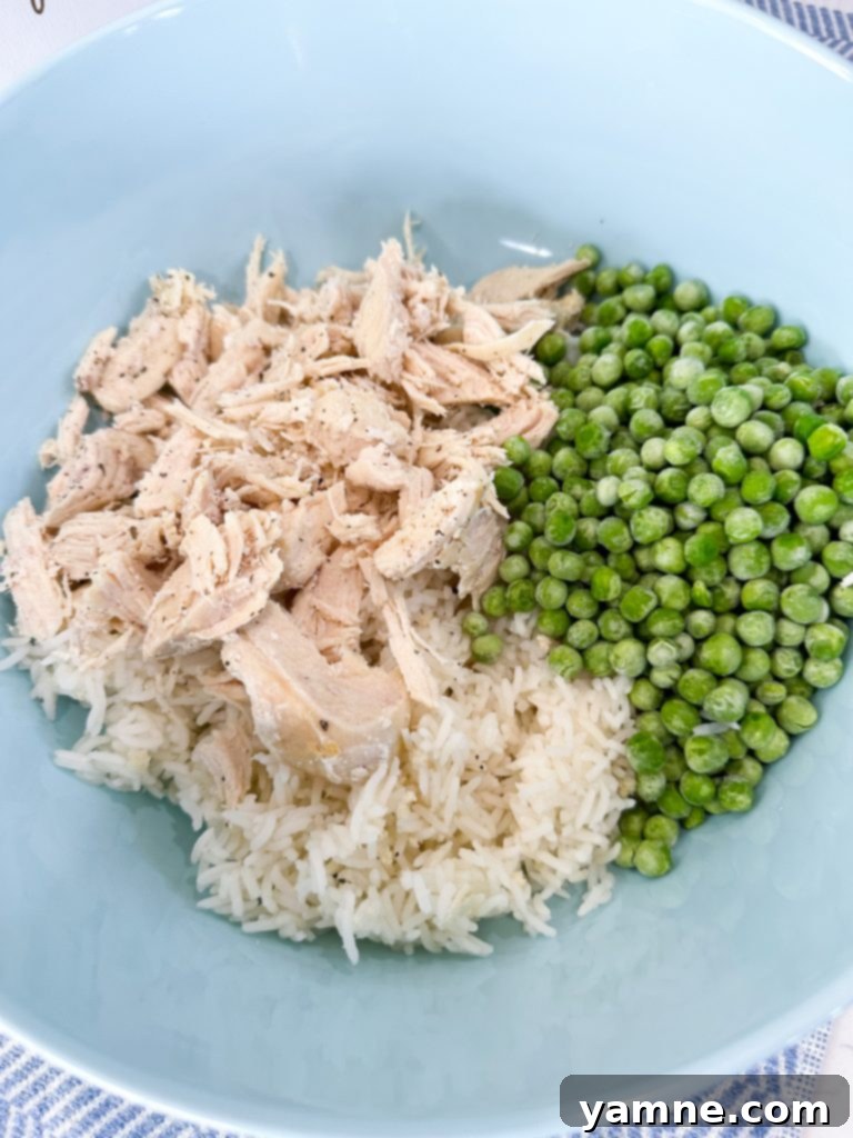 Mixing cooked rice and shredded chicken in a large bowl.