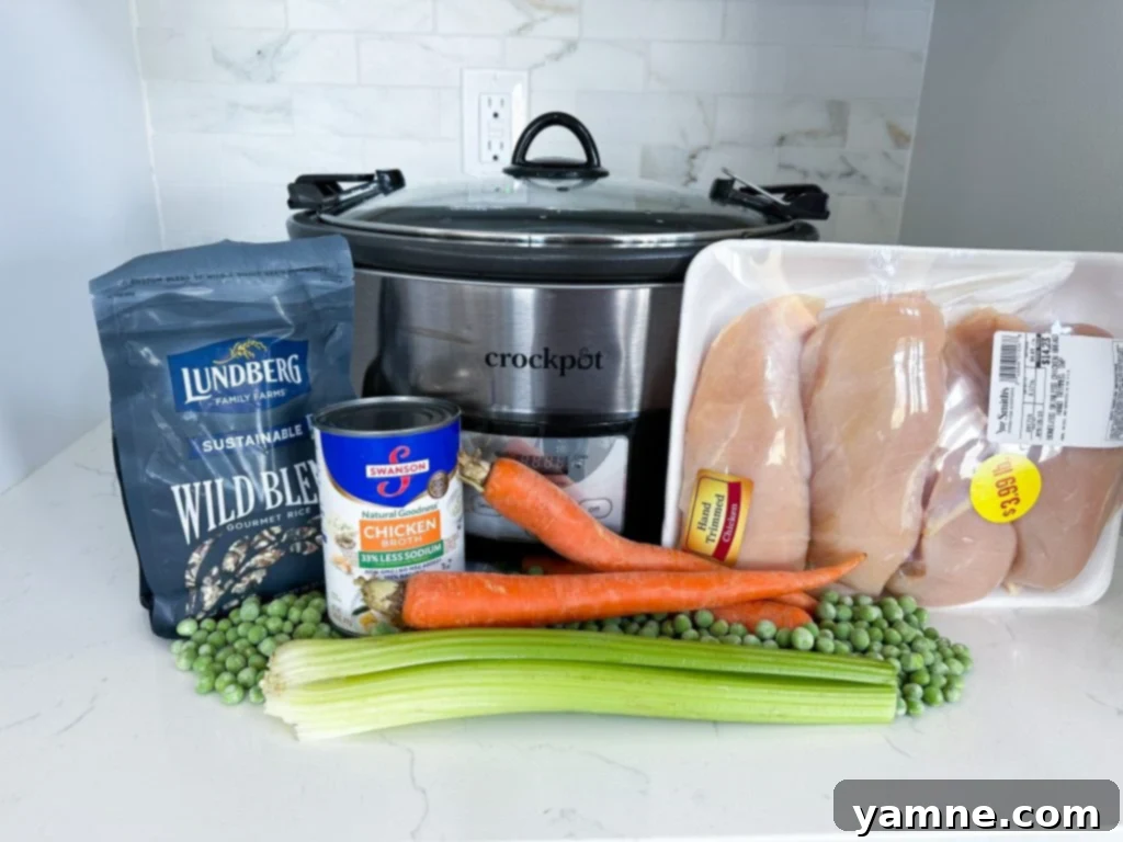 A close-up of Slow Cooker Chicken and Wild Rice, showcasing the creamy texture, tender chicken, colorful vegetables, and melted cheese. Perfect for a cozy meal.