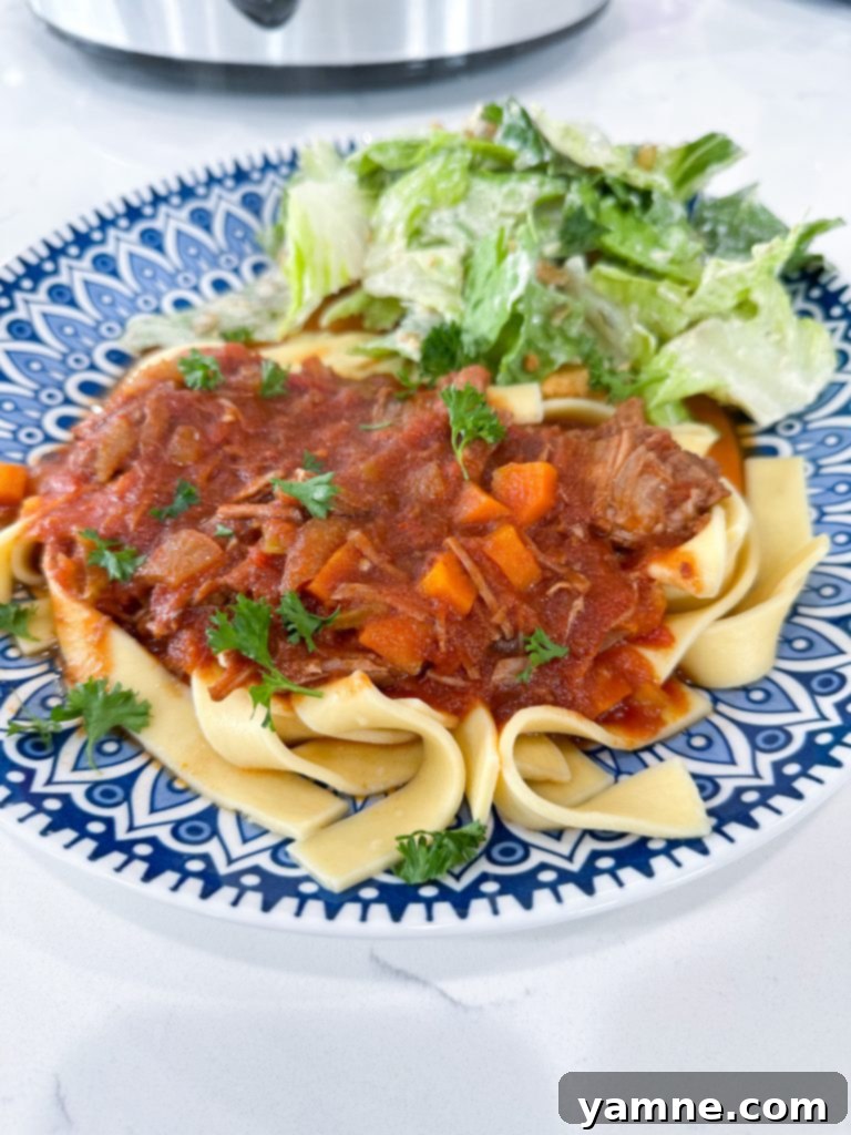 Fall-Apart Slow Cooker Beef Ragu 11 Served Slow Cooker Beef Ragu on a plate