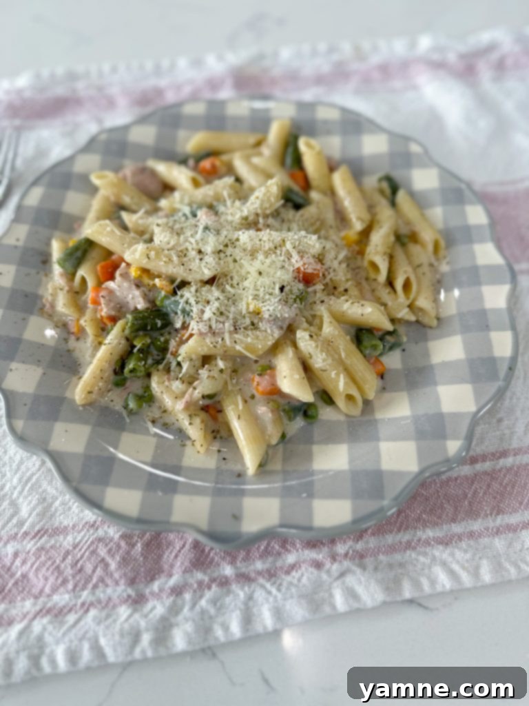 Shoestring Survival Meals 11 Tuna Pasta dish in a bowl with a fork, ready to eat