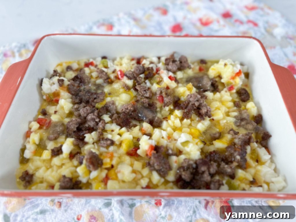 Shoestring Survival Meals 5 Potato Sausage Casserole freshly baked in a dish