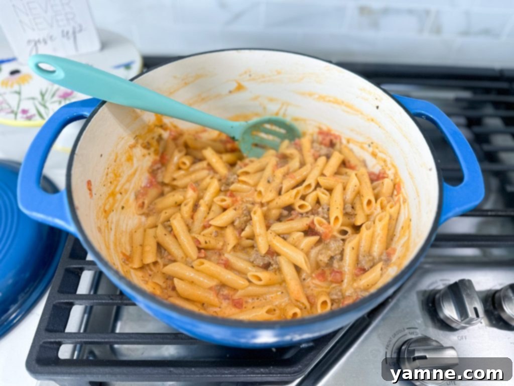 Shoestring Survival Meals 8 One Pot Sausage Pasta in a large pot, steaming hot