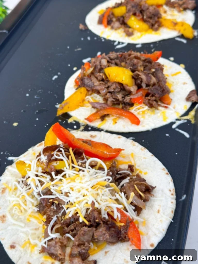 The delicious steak and pepper fajita mixture, ready to be put into quesadillas