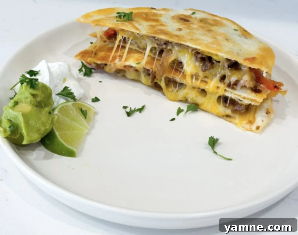 A stack of perfectly cooked steak fajita quesadilla wedges, garnished with fresh cilantro, ready to be served