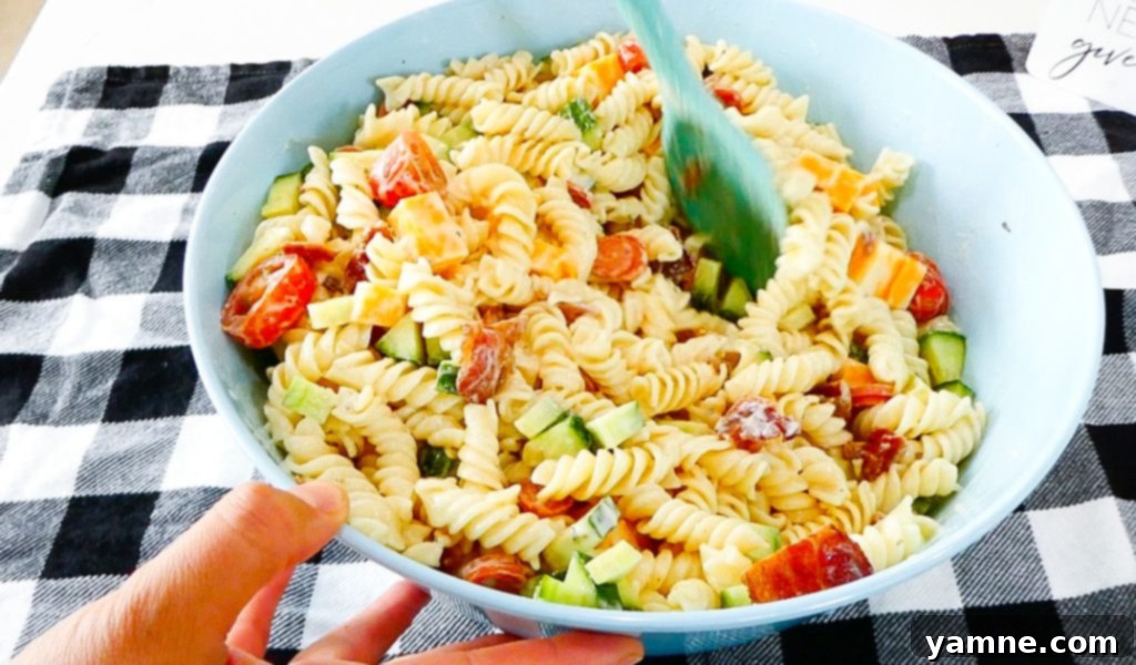 Tuscan Ranch Pasta Salad 9 A serving bowl filled with the finished Italian Ranch Pasta Salad.
