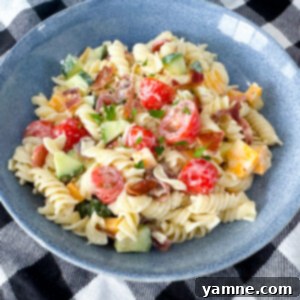 Tuscan Ranch Pasta Salad 10 Finished Italian Ranch Pasta Salad in a bowl.