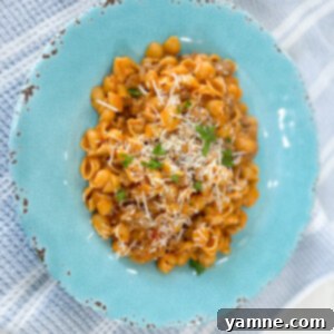 Hearty Sausage & Shells Bake 2 A close-up shot of creamy Italian shells with sausage in a bowl, garnished with fresh herbs.