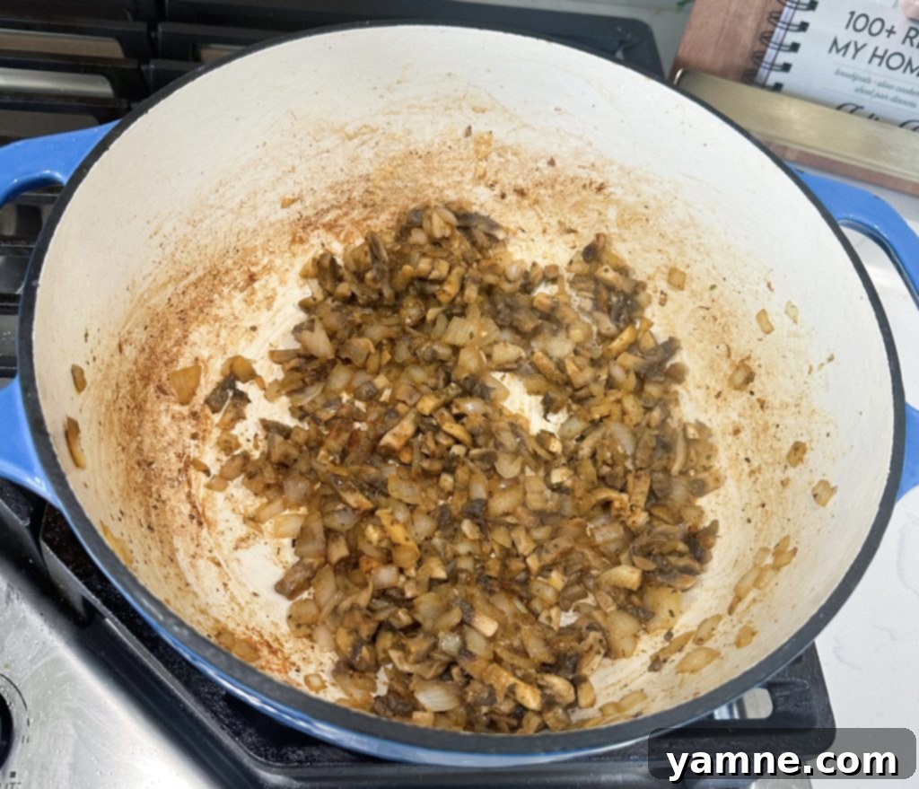 Creamy Chicken Stroganoff Skillet 4 Sautéing Mushrooms and Onions