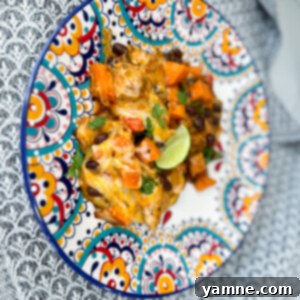 Vibrant Southwest Chicken and Sweet Potato Skillet with melted cheese and fresh cilantro garnish