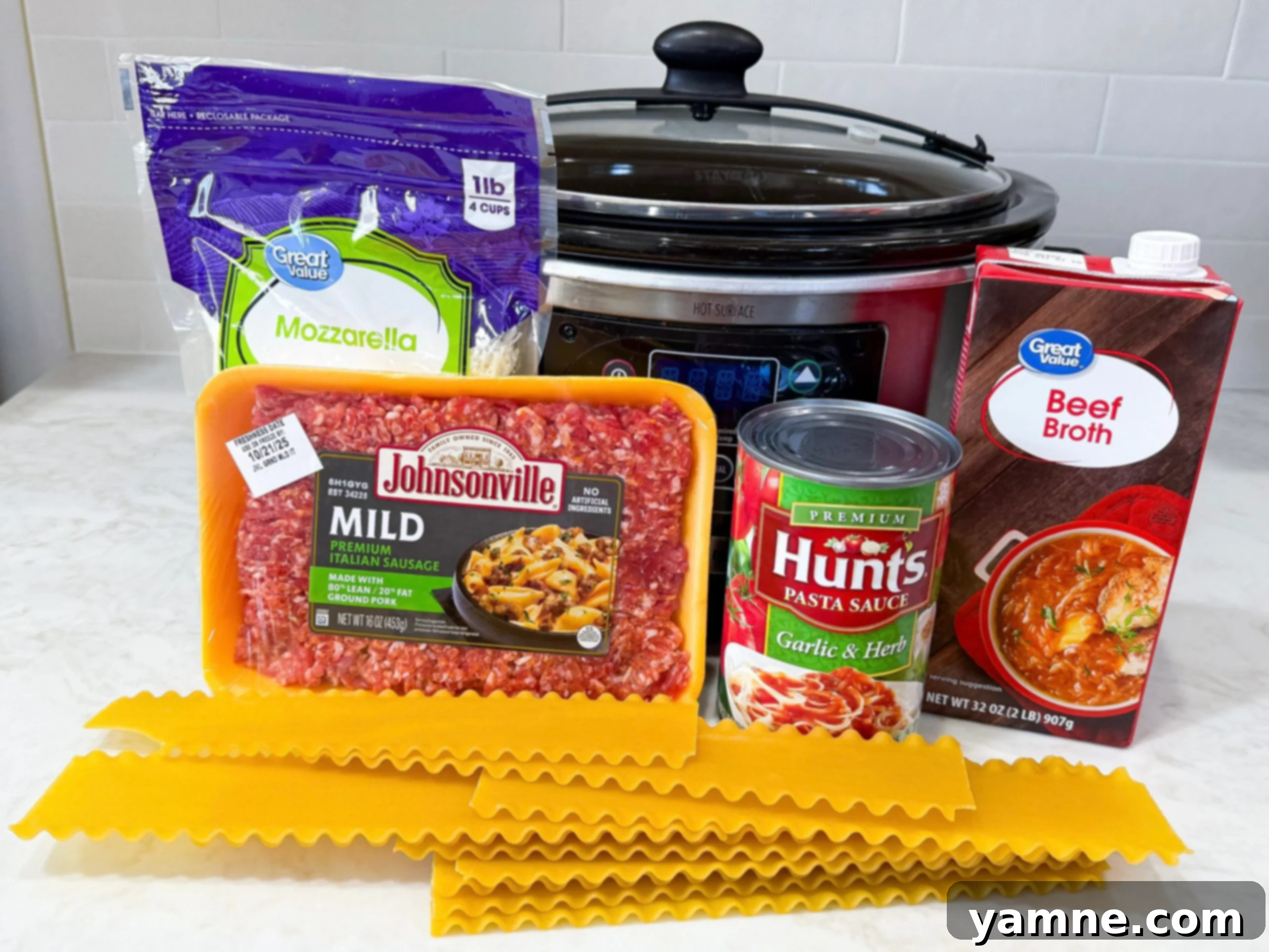 Ingredients for slow cooker lasagna soup on counter