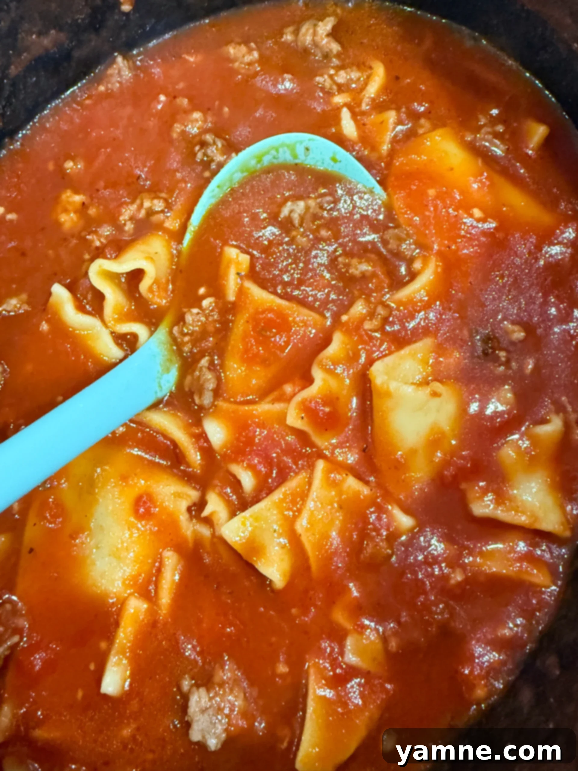 Broken lasagna noodles mixed in with the lasagna, cooked until tender