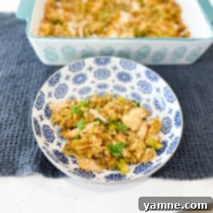 Comforting Chicken Stuffing Casserole with a golden crust and creamy filling