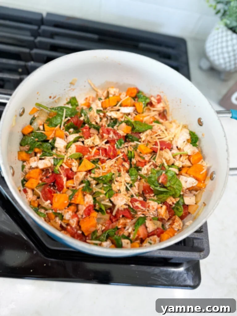 Easy chicken and sweet potato dinner, garnished and ready to serve