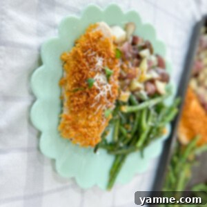 Crispy Parmesan Crusted Chicken with Roasted Green Beans and Red Potatoes
