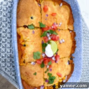 Zesty Chicken Enchilada Cornbread Bake 2 Golden-brown Chicken Enchilada Cornbread Casserole with a creamy, cheesy chicken filling and fluffy cornbread topping, garnished with fresh cilantro.