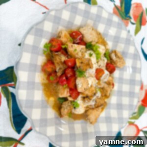 Fresh Caprese Chicken 2 A delicious skillet of Caprese Chicken with fresh tomatoes, mozzarella, and basil.