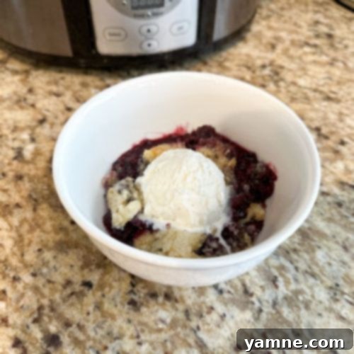 Warm Slow Cooker Berry Cobbler topped with a scoop of melting vanilla ice cream in a white bowl, ready to be enjoyed.