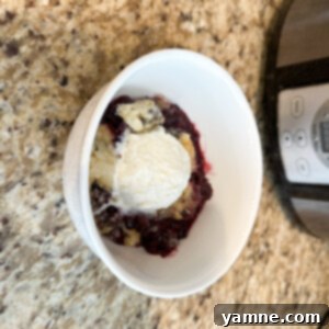 A delicious Slow Cooker Berry Cobbler served warm in a bowl with vanilla ice cream, ready to eat.