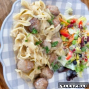 A serving of creamy Swedish meatballs with egg noodles and fresh parsley garnish.