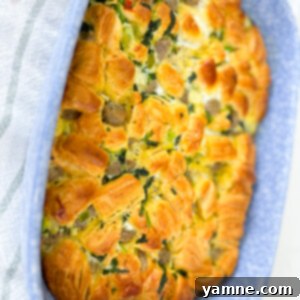 Savory Sausage Biscuit Bake 2 Cheesy Sausage Biscuit Casserole baked to golden perfection in a round dish.