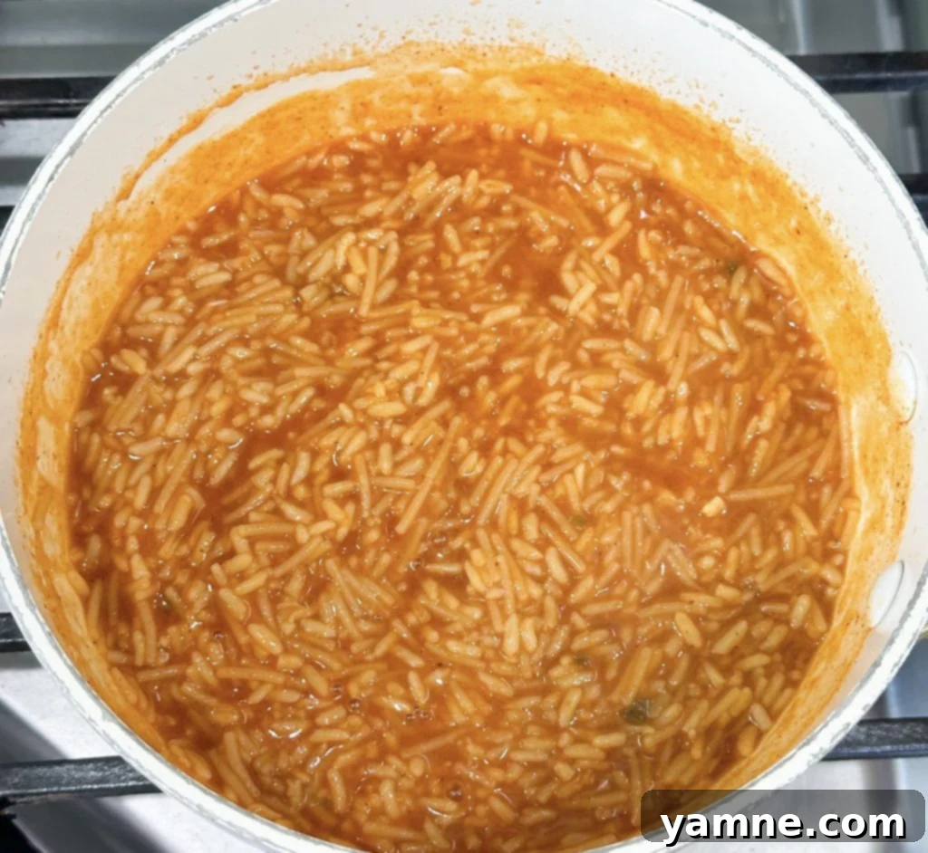 Cooking the rice for bean and rice enchiladas