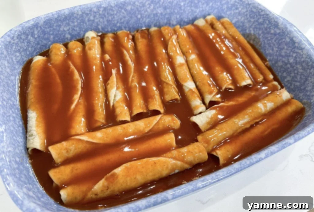 Layering frozen taquitos over refried beans in a baking dish