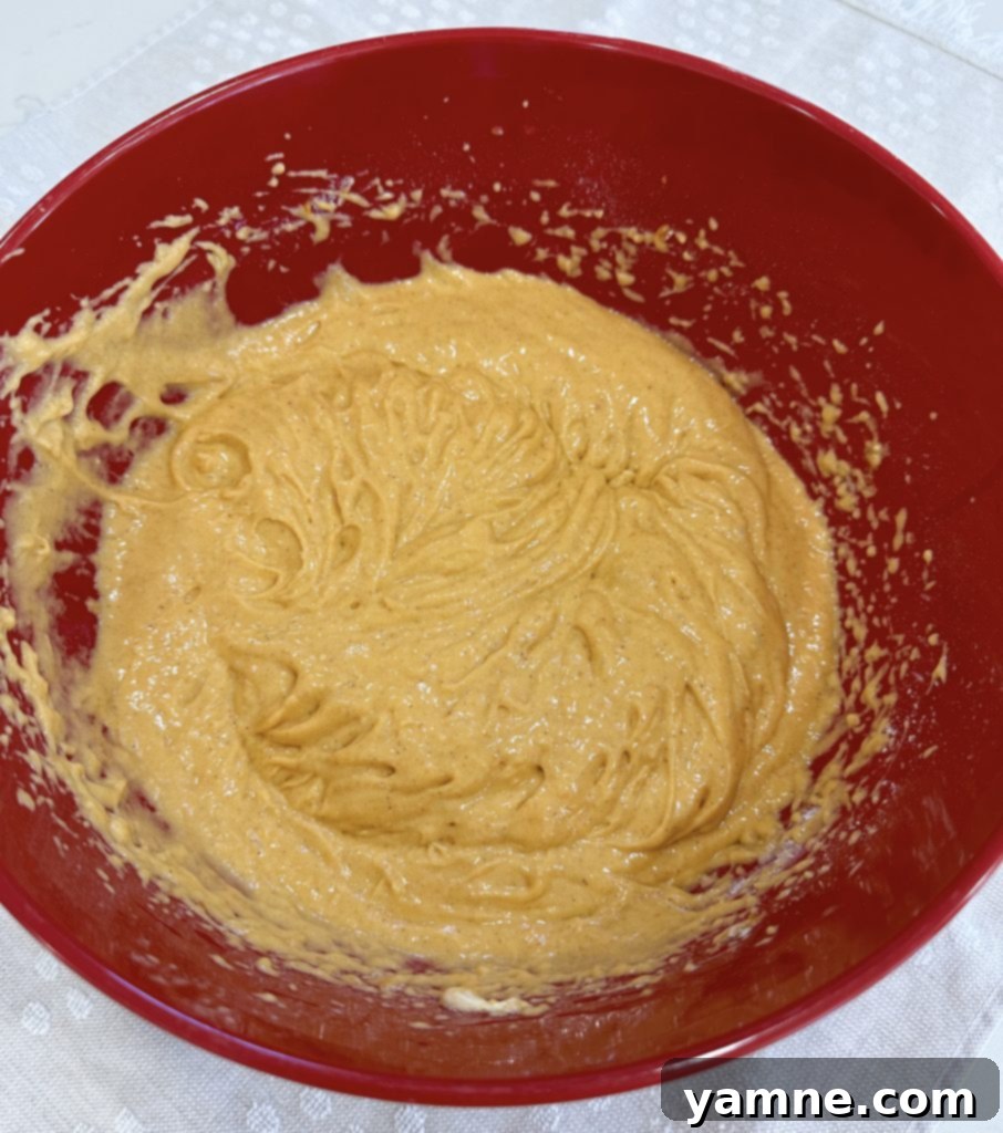 Spiced Pumpkin Honey Bun Cake 4 The smooth, orange pumpkin cake batter in a mixing bowl.