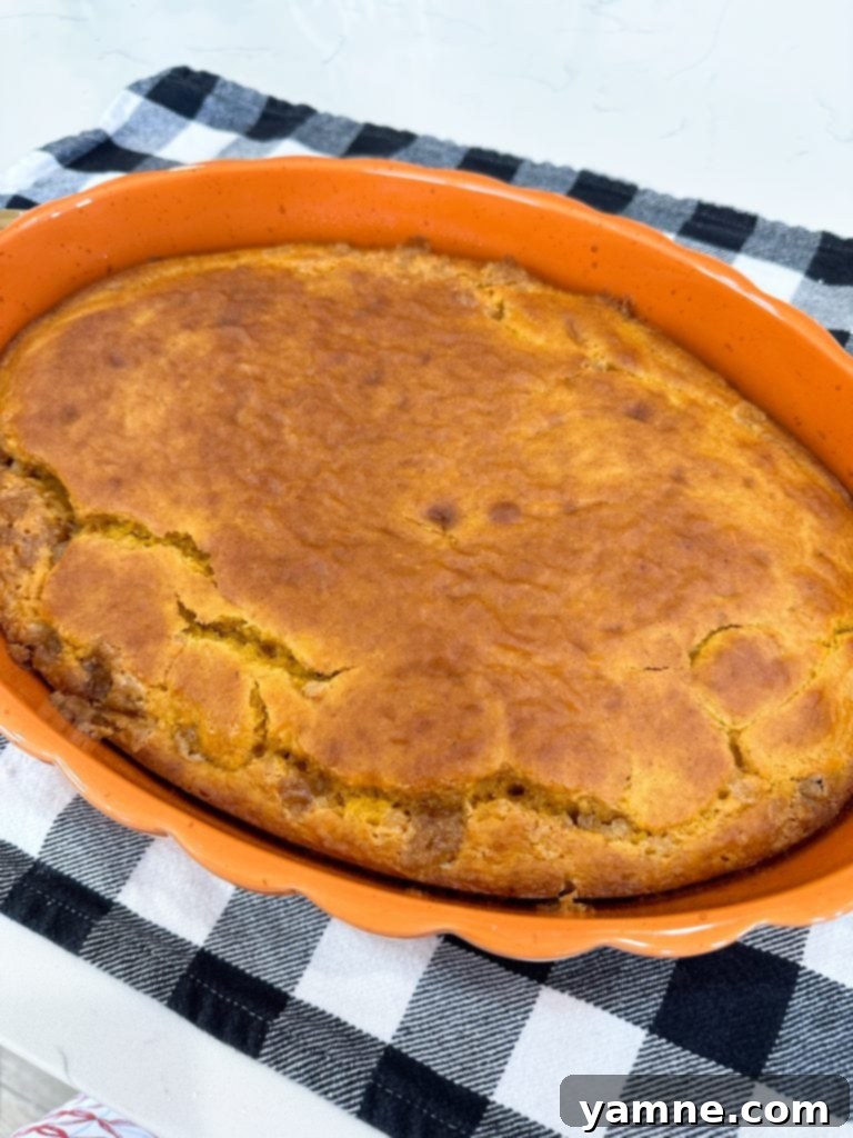 Spiced Pumpkin Honey Bun Cake 7 Freshly baked Pumpkin Honey Bun Cake cooling in its dish.