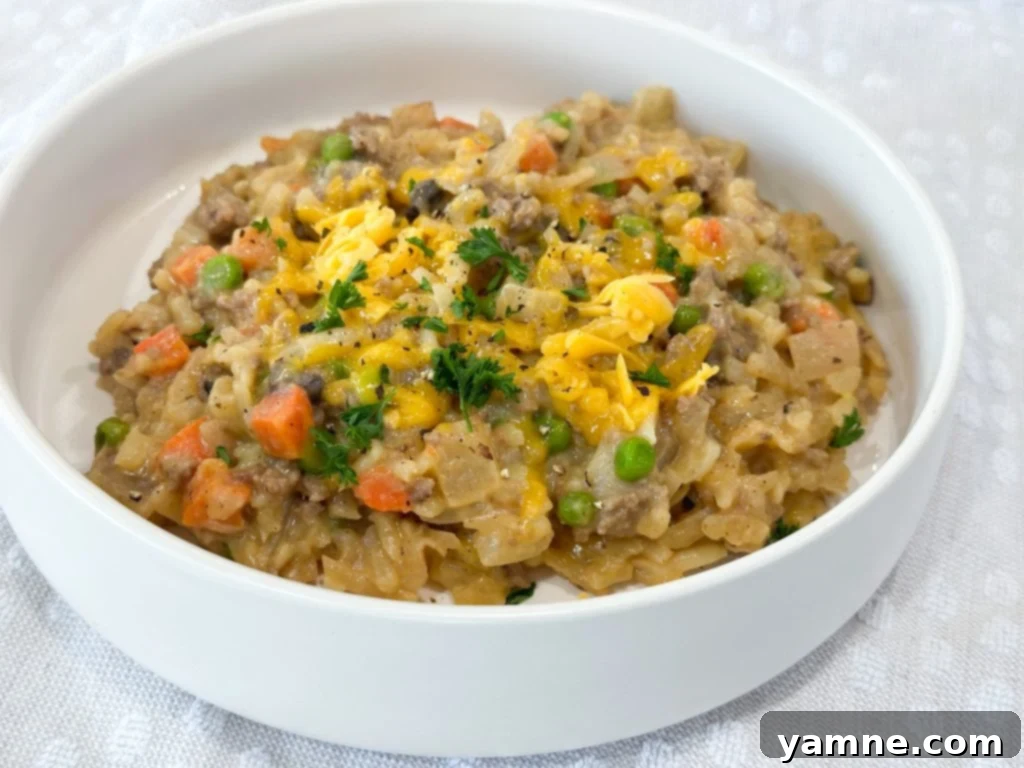 Loaded Cheeseburger Hash Brown Bake 5 finished cheeseburger hashbrown casserole in a skillet