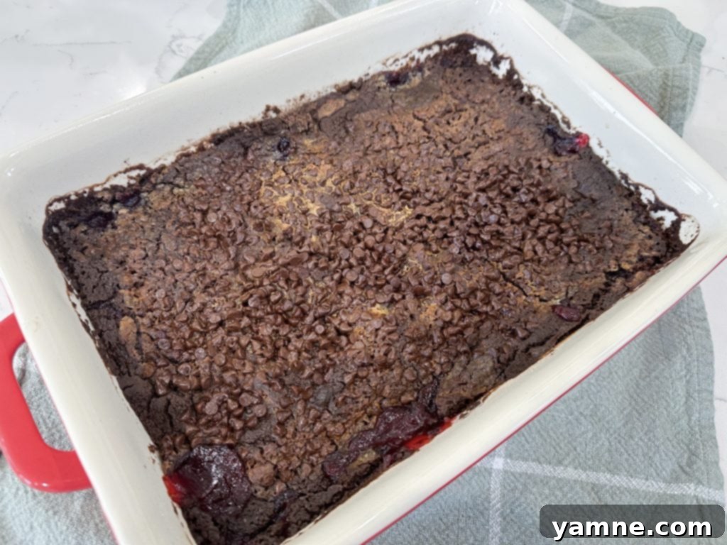 A slice of Black Forest Dump Cake served with vanilla ice cream
