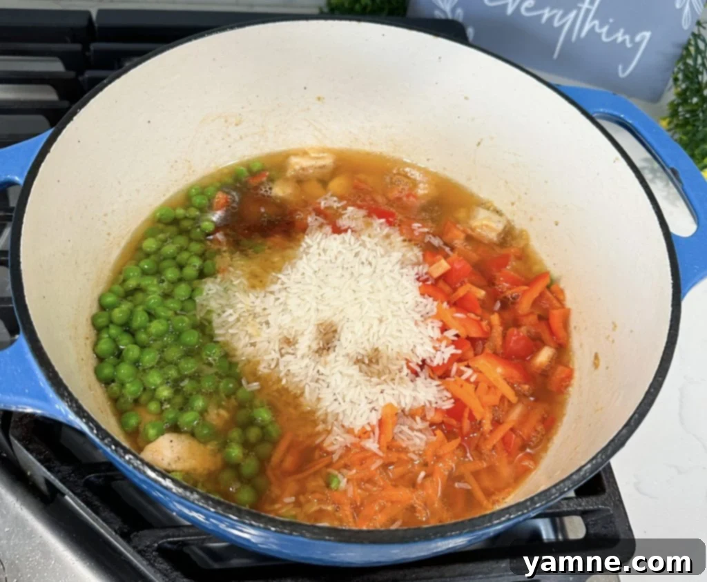 Adding Ingredients to One-Pot Teriyaki Chicken and Rice