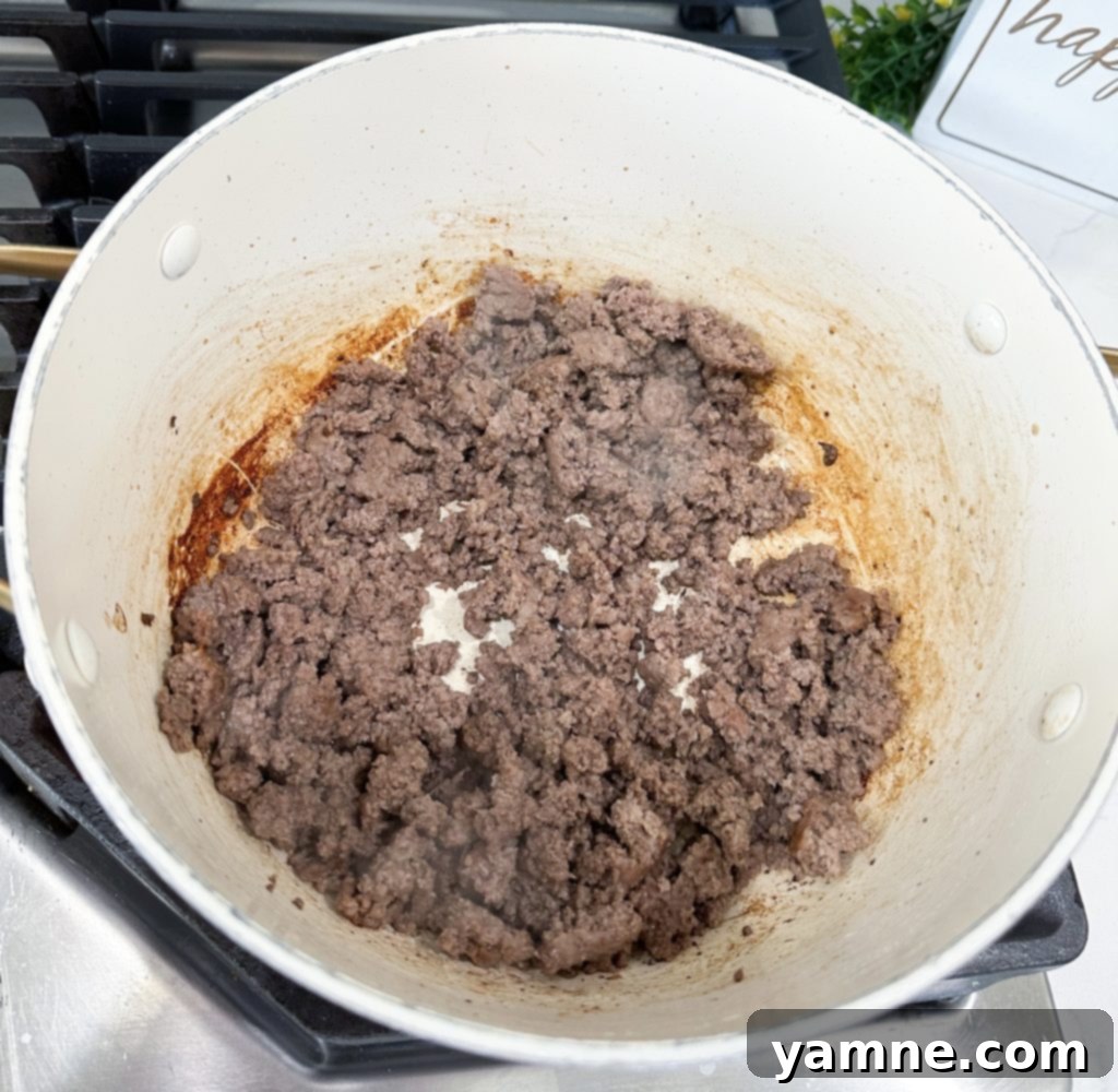 One-Pan Homemade Cheeseburger Pasta 3 Browning ground beef for hamburger helper