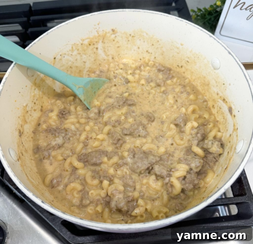 One-Pan Homemade Cheeseburger Pasta 6 Simmering hamburger helper until pasta is tender