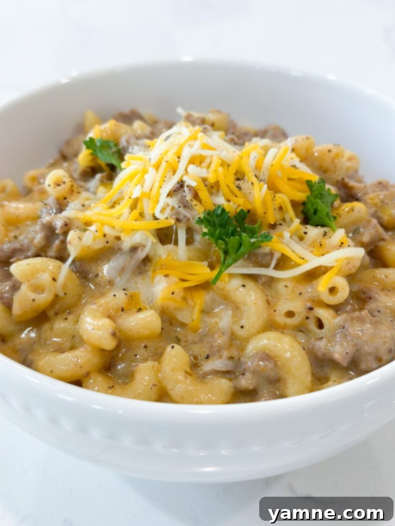 One-Pan Homemade Cheeseburger Pasta 7 Homemade one pot hamburger helper served