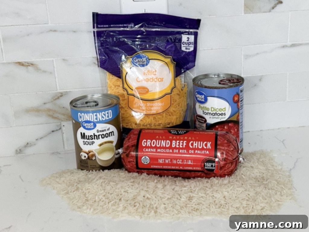 Close-up shot of the raw ingredients for hamburger rice casserole including ground beef, rice, canned soup, tomatoes, and cheese.