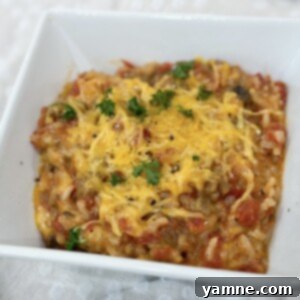 A delicious serving of cheesy hamburger rice casserole, garnished with fresh parsley.