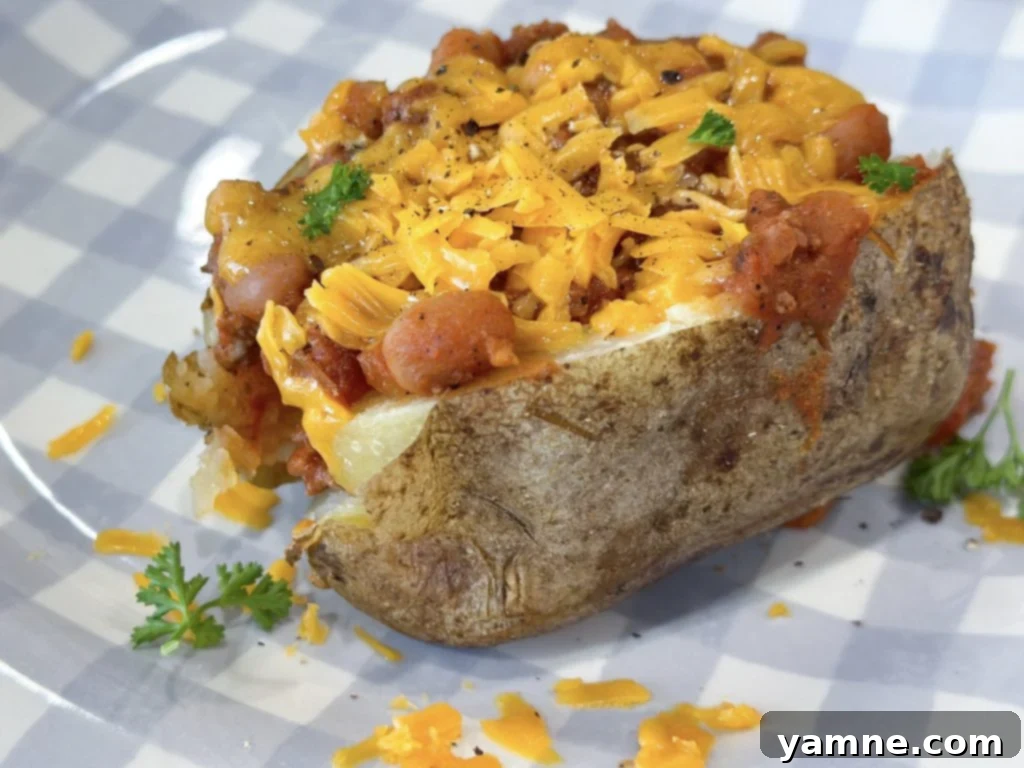 Baked potato topped with easy homemade chili