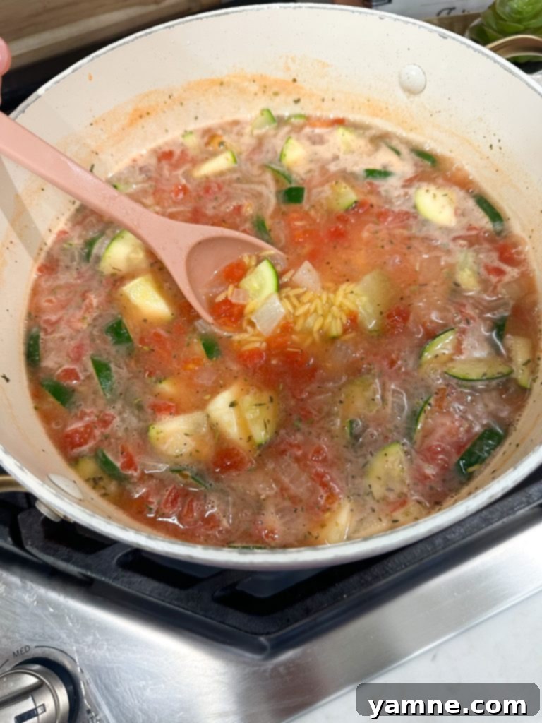 One pot orzo with vegetables adding broth